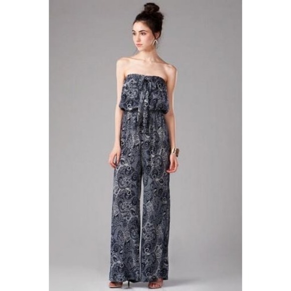 Harper Pants - Harper Paisley Jumpsuit Navy White Wide Leg Strapless Halter Rayon